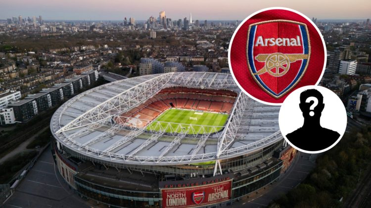 Aerial view of the Emirates Stadium with Arsenal badge and mystery figure inset
