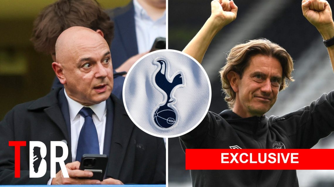Split image of Thomas Frank (L) and Tottenham Hotspur chairman Daniel Levy (R). Inset of Spurs badge.