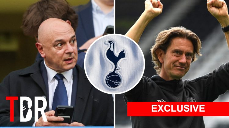 Split image of Thomas Frank (L) and Tottenham Hotspur chairman Daniel Levy (R). Inset of Spurs badge.