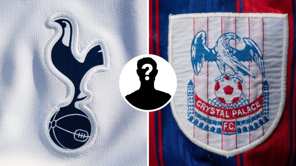 Split image of the Tottenham badge and the Crystal Palace badge with mystery figure inset
