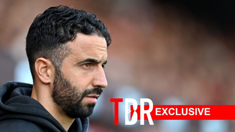 Image of Ruben Amorim looking on during a Manchester United game, overlaid a TBR exclusive banner