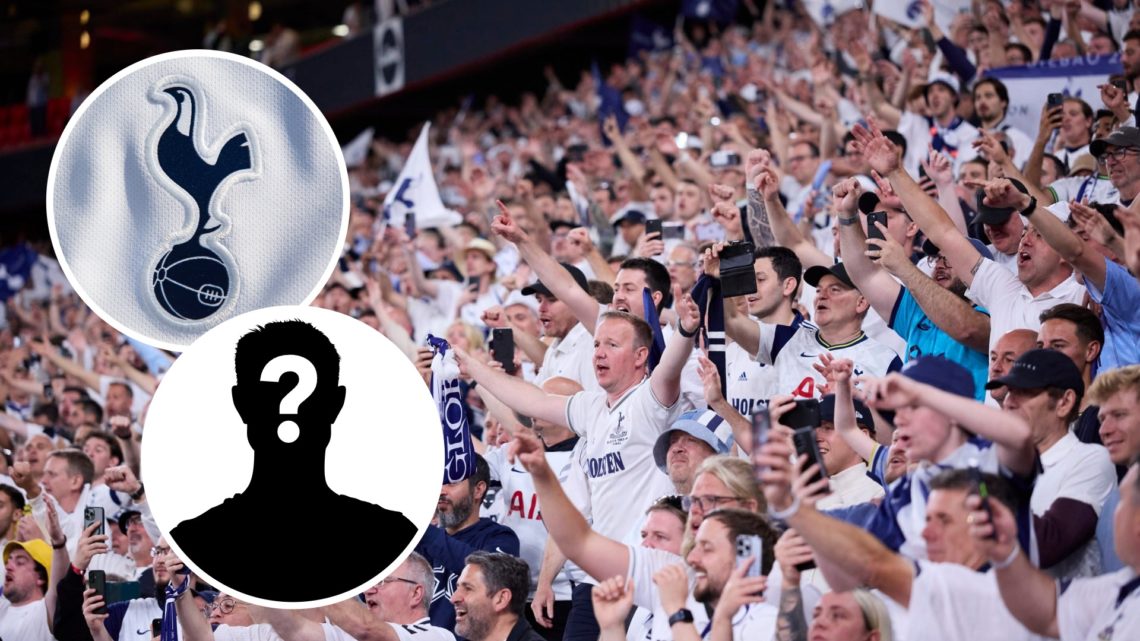 Tottenham Hotspur fans during the Europa League final. Inset of Tottenham badge and mystery player.