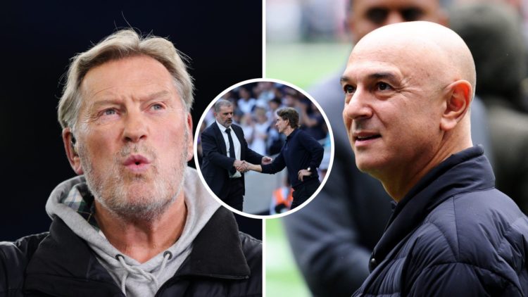 Split image of Glenn Hoddle (L) and Tottenham chairman Daniel Levy. Inset of Ange Postecoglou and Thomas Frank.