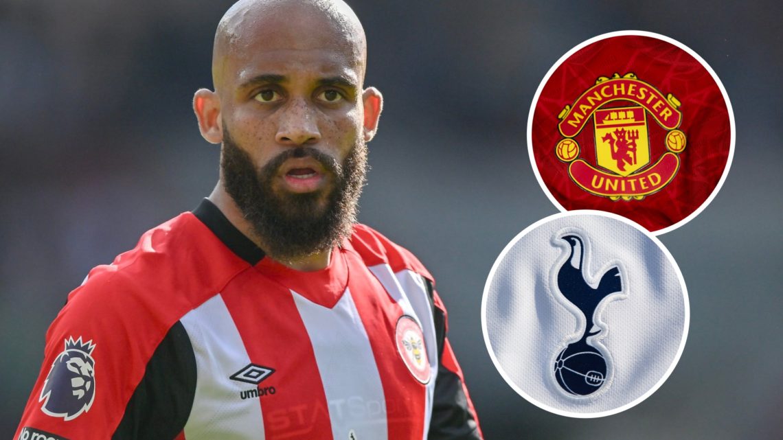 Brentford forward Bryan Mbeumo. Inset of Tottenham badge and Manchester United badge.