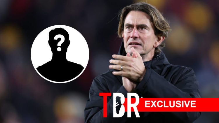 Thomas Frank looks on during a Brentford match. Inset, question mark.