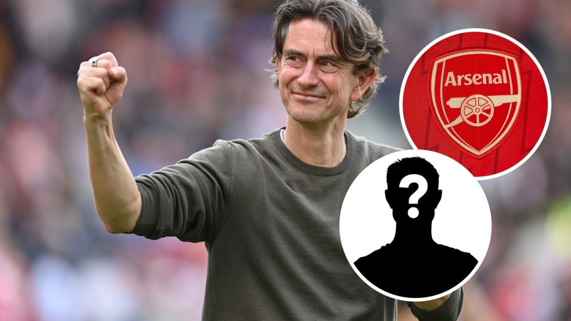 Brentford manager Thomas Frank. Inset of Arsenal badge and mystery player.