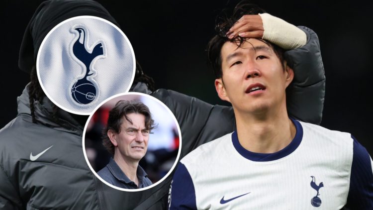 Tottenham Hotspur captain Son Heung-min. Inset of Tottenham badge and Thomas Frank.