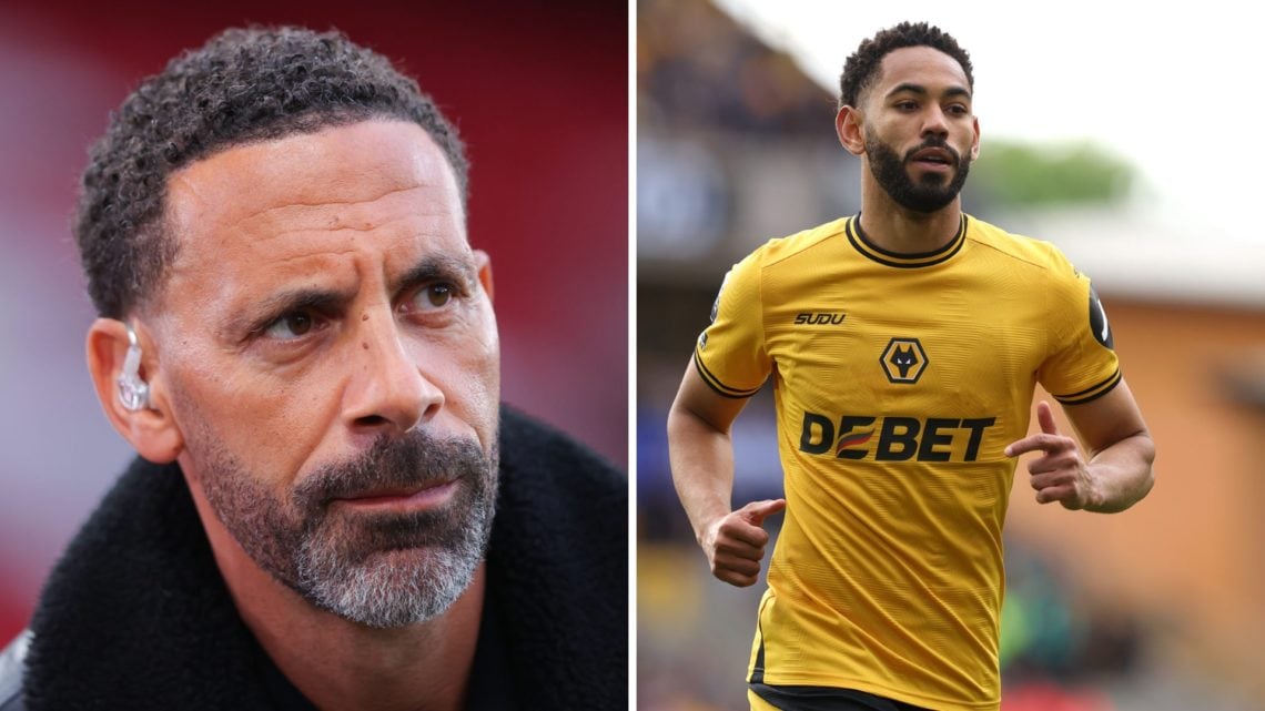 Split image of Rio Ferdinand as pundit during Man United vs Lyon and Matheus Cunha in action for Wolves