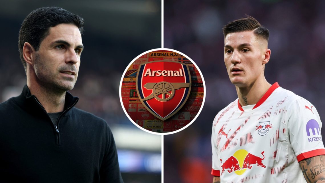 Split image of Arsenal manager Mikel Arteta and RB Leipzig striker Benjamin Sesko with inset of Arsenal badge
