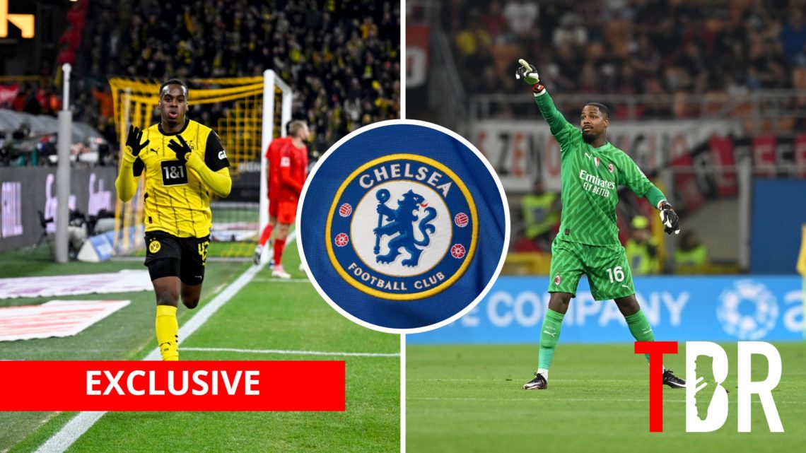Split image of Jamie Gittens and Mike Maignan with inset of Chelsea badge