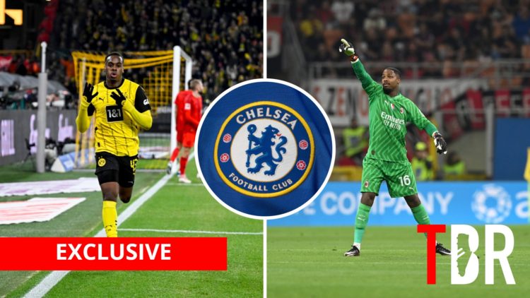 Split image of Jamie Gittens and Mike Maignan with inset of Chelsea badge