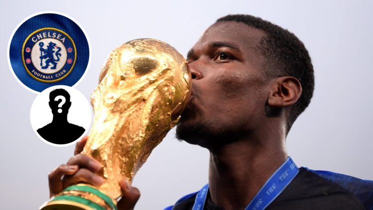 Image of Paul Pogba kissing the FIFA World Cup trophy, Chelsea badge and mystery figure inset