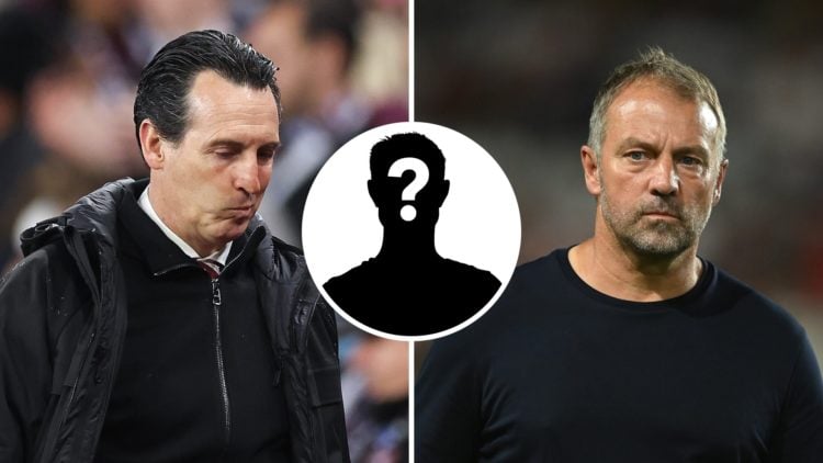 Split image of Aston Villa manager Unai Emery and Barcelona head coach Hansi Flick