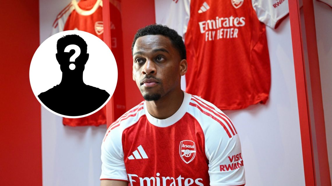 Jurrien Timber of Arsenal during the Adidas Arsenal 25-26 kit shoot at Emirates Stadium with mystery figure inset