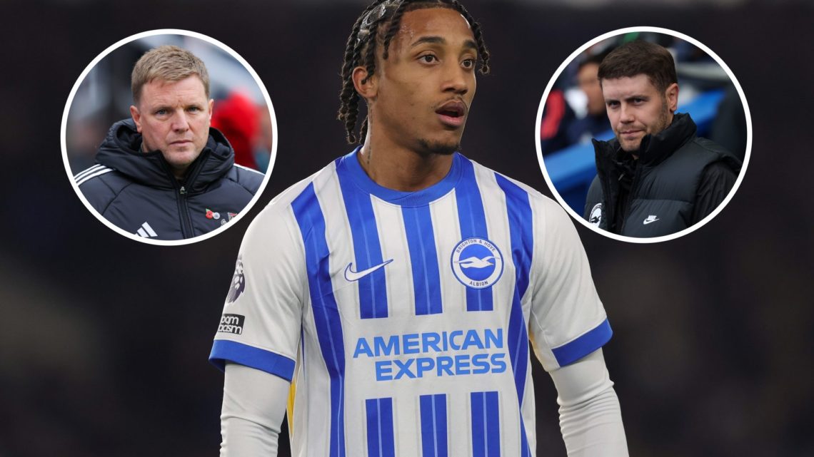 Brighton forward Joao Pedro with insets of Brighton manager Fabian Hurzeler and Newcastle manager Eddie Howe