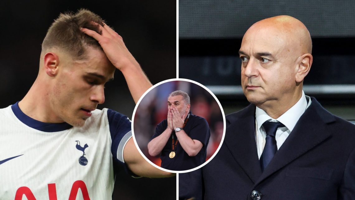 Split image of (L) Micky van de Ven looking dejected during a Tottenham game and (R) Daniel Levy looking on during a Tottenham match with an inset ...
