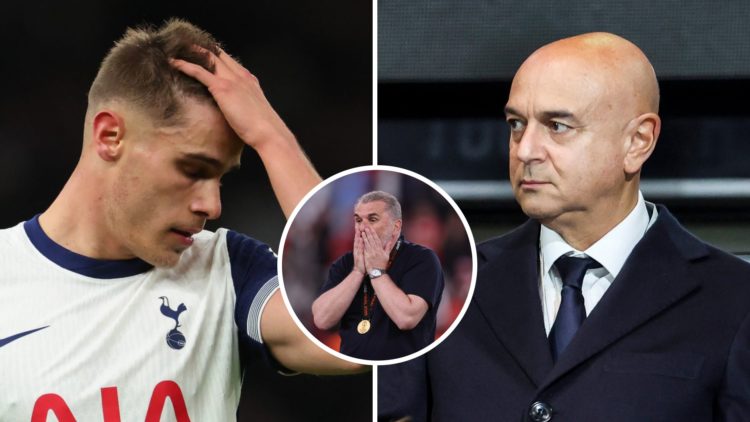 Split image of (L) Micky van de Ven looking dejected during a Tottenham game and (R) Daniel Levy looking on during a Tottenham match with an inset ...