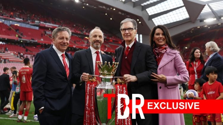 Liverpool owner John W Henry with his wife and other board members posing with Premier League trophy, overlaid an exclusive banner