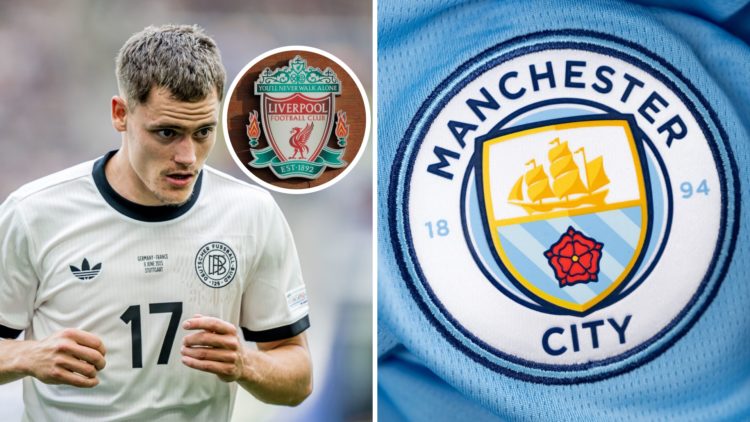 Split image of Florian Wirtz playing for Germany next to Manchester City badge, Liverpool badge inset