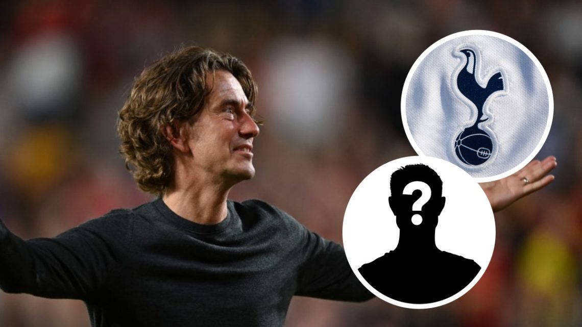 Brentford manager Thomas Frank. Inset of Tottenham Hotspur badge and mystery player.