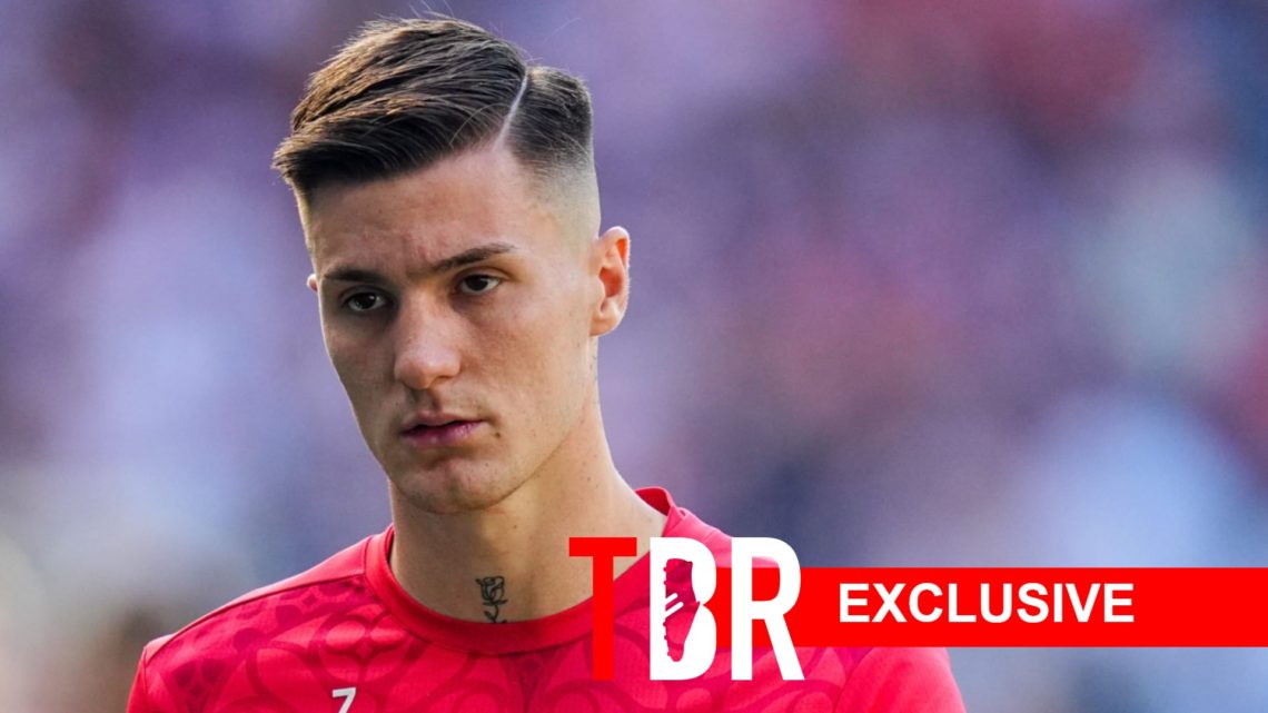 Benjamin Sesko looks on during a Bundesliga match for RB Leipzig.