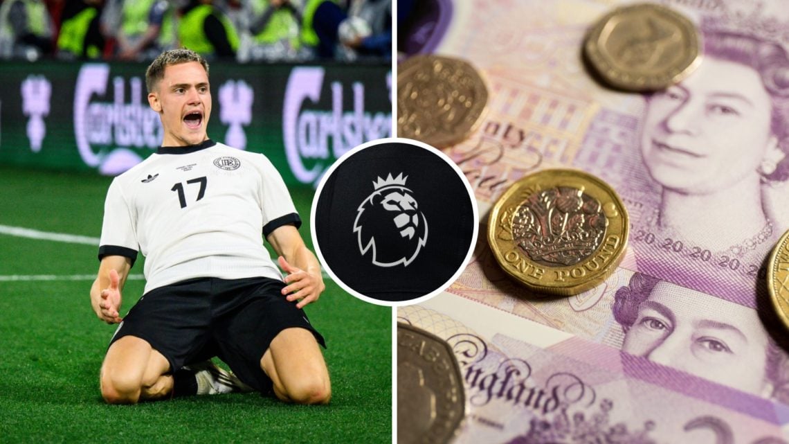 Split image of Florian Wirtz and English currency with Premier League logo inset