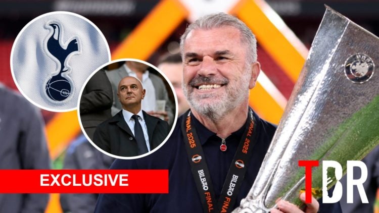 Tottenham Hotspur manager Ange Postecoglou. Inset of Daniel Levy and Spurs badge.