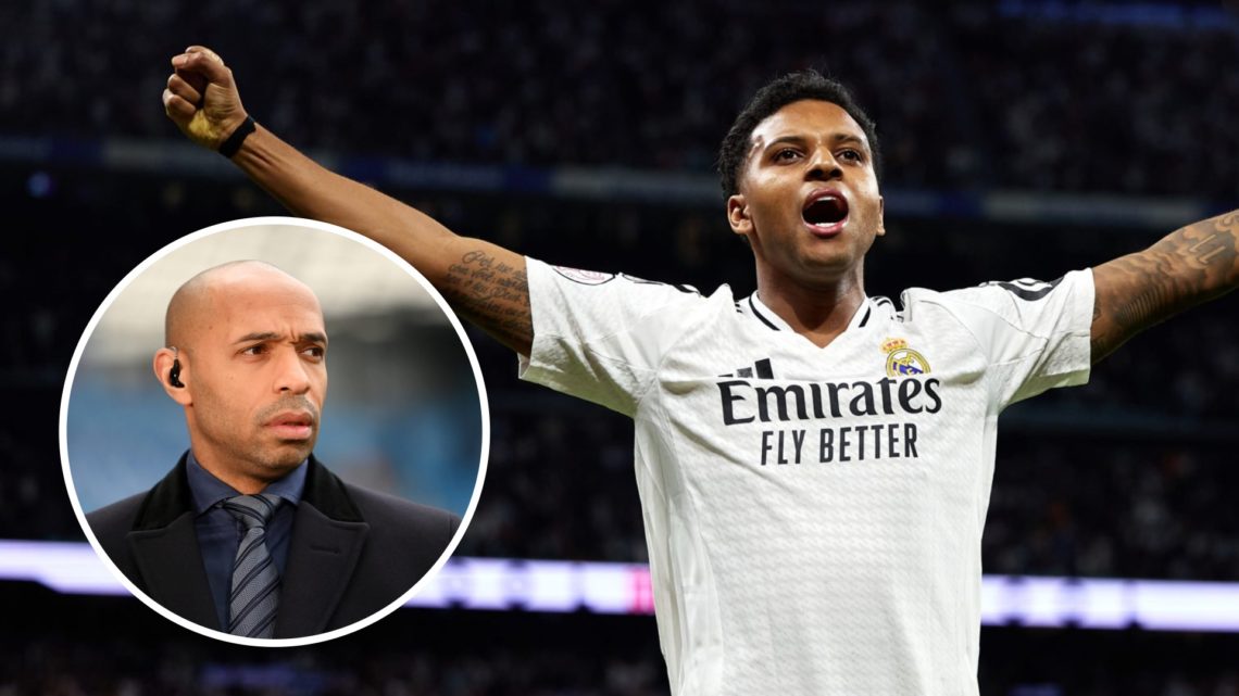 Rodrygo celebrates a goal for Real Madrid. Inset, Arsenal legend Thierry Henry.