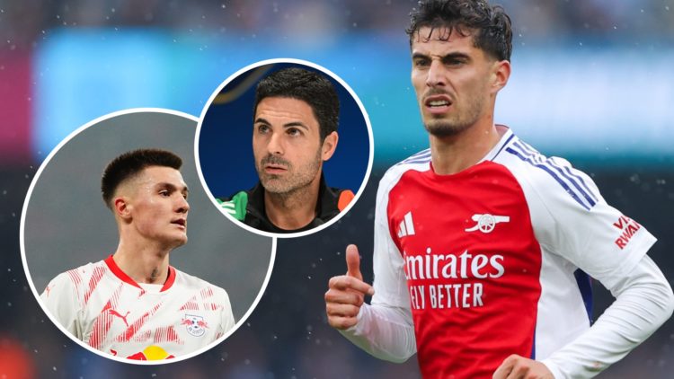 Kai Havertz running during an Arsenal match. Inset, Benjamin Sesko and Mikel Arteta.