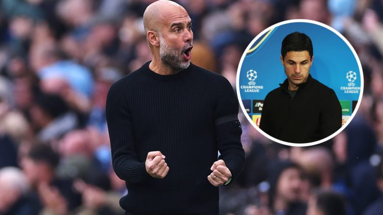 Manchester City manager Pep Guardiola with inset of Arsenal manager Mikel Arteta