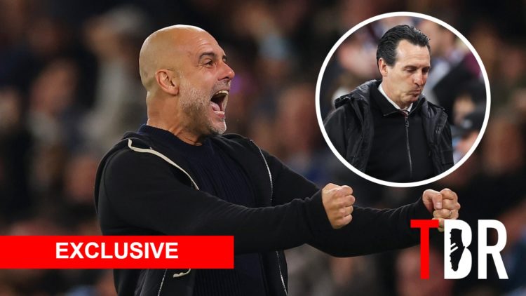 Manchester City manager Pep Guardiola with inset of Aston Villa manager Unai Emery