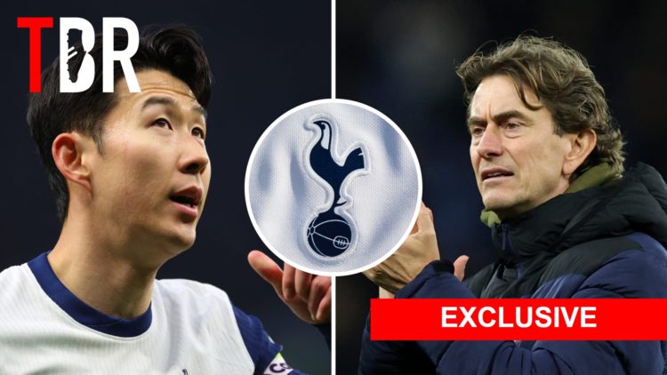 Split image of Tottenham Hotspur captain Son Heung-min (L) and Thomas Frank (R). Inset of Tottenham badge.