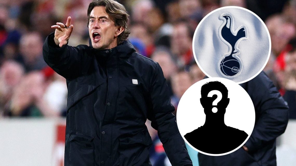Brentford manager Thomas Frank. Inset of Tottenham Hotspur badge and mystery player.