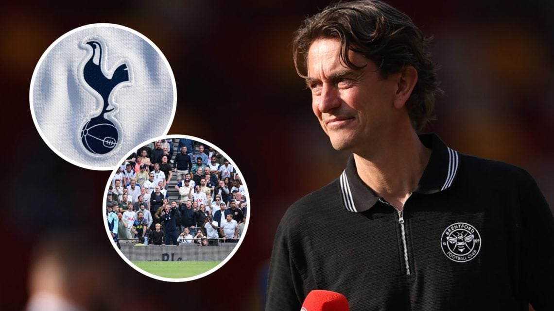 Brentford manager Thomas Frank. Inset of Tottenham badge and Tottenham fans.