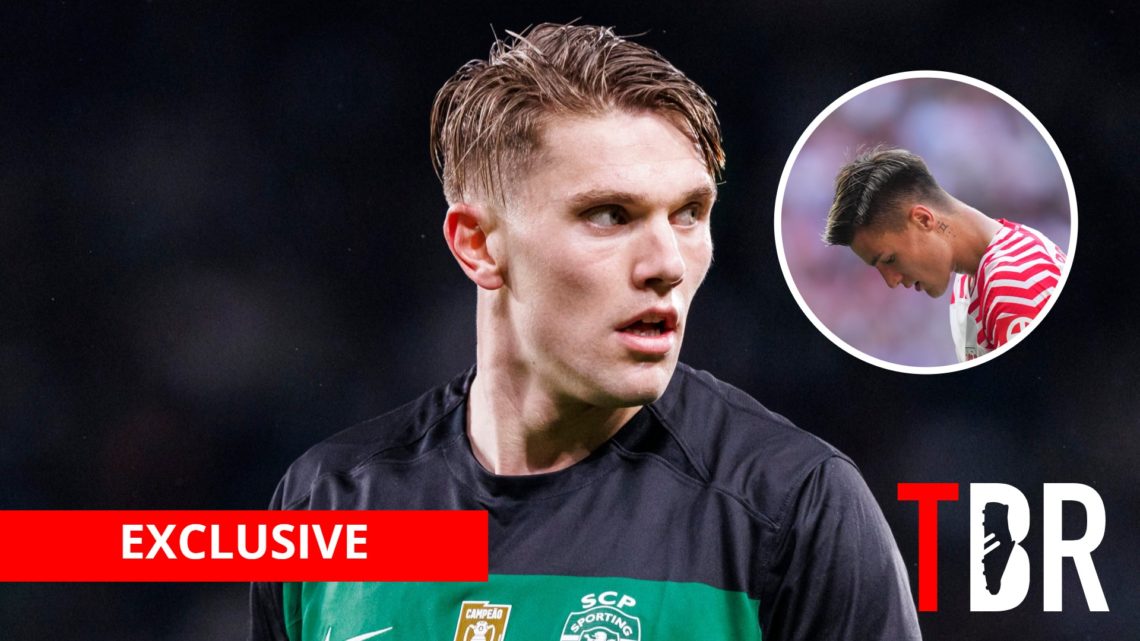 Sporting CP striker Viktor Gyokeres with inset of RB Leipzig striker Benjamin Sesko