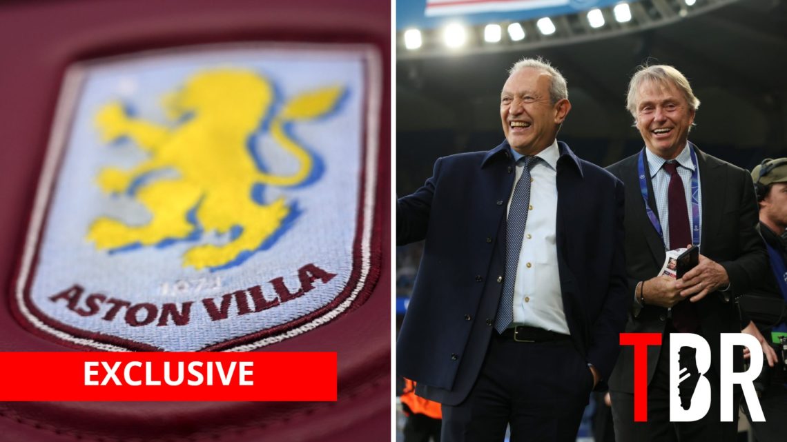 Split image of Aston Villa logo and co-owners Wes Edens and Nassef Sawiris