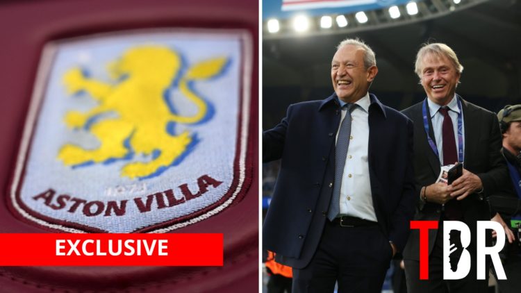 Split image of Aston Villa logo and co-owners Wes Edens and Nassef Sawiris