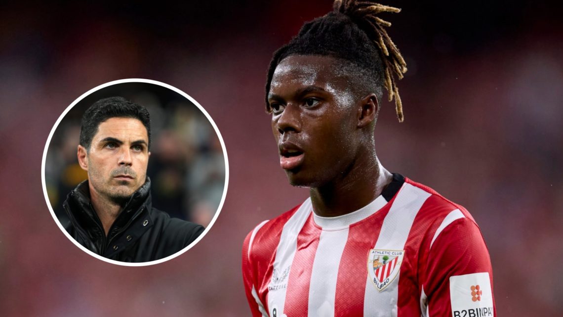 Nico Williams looks on during an Athletic Club match. Inset, Arsenal manager Mikel Arteta.