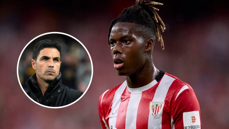 Nico Williams looks on during an Athletic Club match. Inset, Arsenal manager Mikel Arteta.