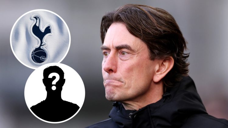 Brentford manager Thomas Frank. Inset of Tottenham Hotspur badge and mystery player.