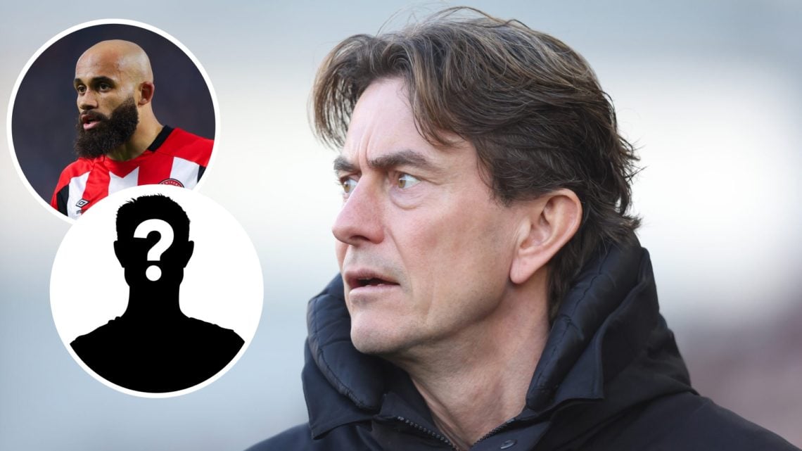 Image of Thomas Frank looking on during a Brentford game with insets of Bryan Mbeumo in action for Brentford and a mystery player