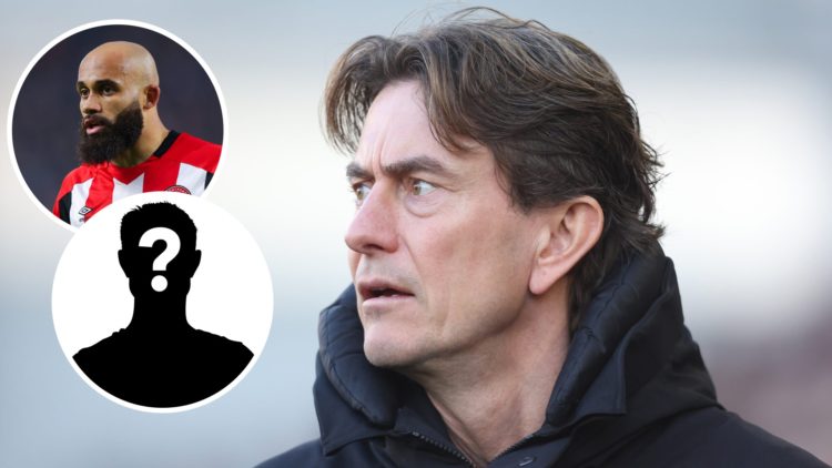 Image of Thomas Frank looking on during a Brentford game with insets of Bryan Mbeumo in action for Brentford and a mystery player