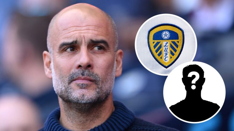 Pep Guardiola looks on during a Premier League match. Inset, Leeds United's badge.