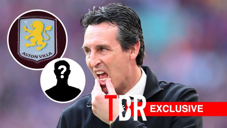 Unai Emery looks dejected during the FA Cup semi-final between Aston Villa and Crystal Palace, Aston Villa badge and mystery figure inset