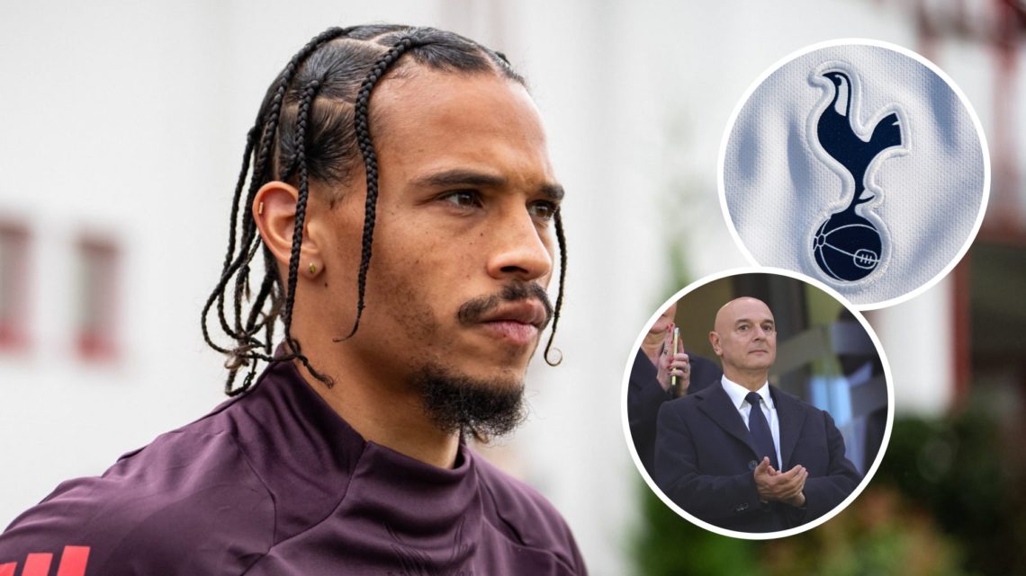 Bayern Munich forward Leroy Sane. Inset of Tottenham badge and Daniel Levy.