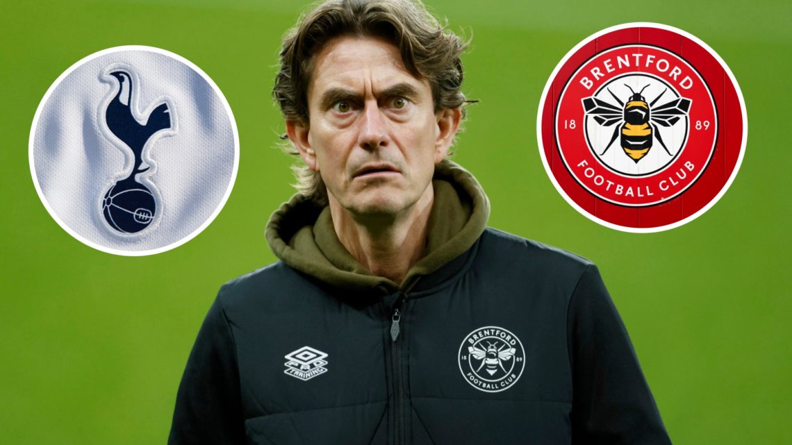 Brentford manager Thomas Frank. Inset of Tottenham Hotspur badge and Brentford badge.