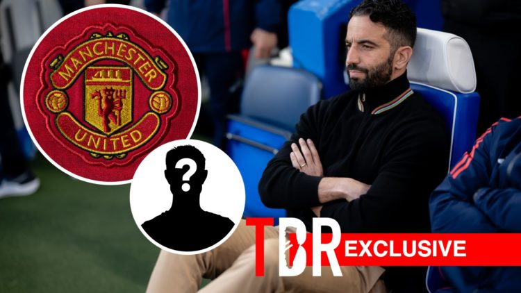Ruben Amorim looks on before a Premier League clash between Chelsea and Manchester United, Manchester United badge and mystery figure inset, with T...