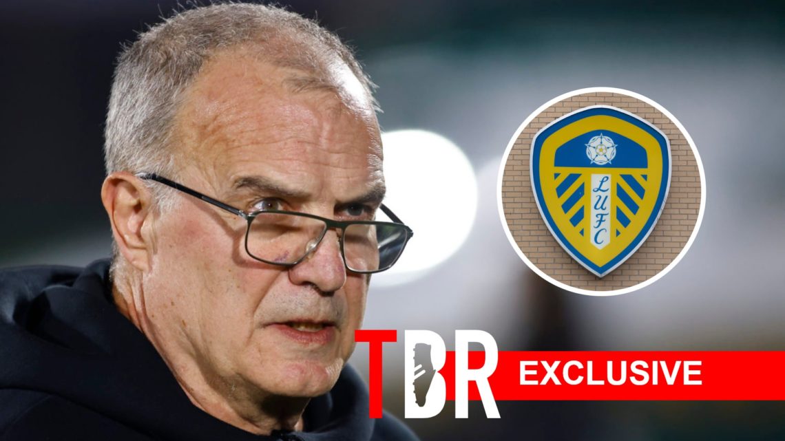 Marcelo Bielsa looks on during a Uruguay match. Inset, Leeds United badge.