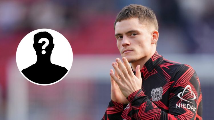Image of Bayer Leverkusen player Florian Wirtz applauding the fans with an inset of a mystery player