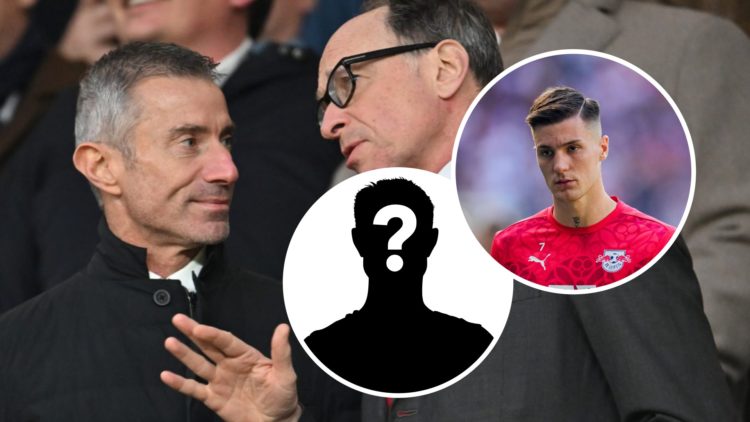 Andrea Berta in discussions at an Arsenal match. Inset, Benjamin Sesko and a question mark.